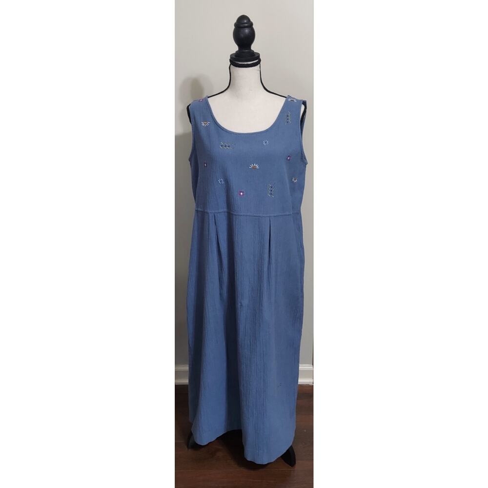 Koret City Blues Jumper Dress Sleeveless Cotton Pockets Embroidered Sz M VTG
